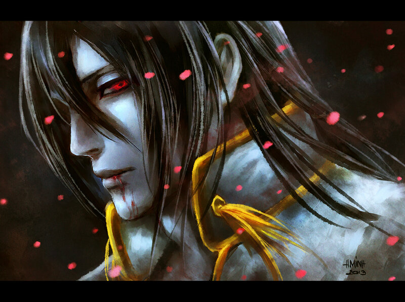 Anime Character with Red Eyes — Black, Dramatic, Digital Art, Blood