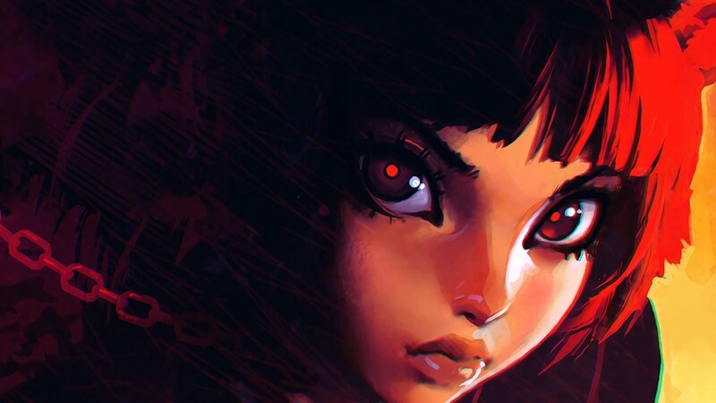 Anime Character with Red Eyes — Black, Dramatic, Digital Art, Chain
