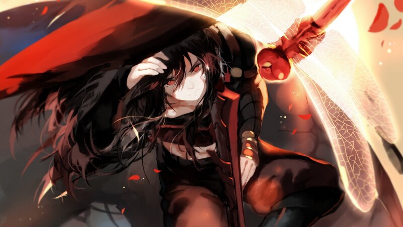 Anime Character with Red Eyes — Black, Dramatic, Digital Art, Dragonfly