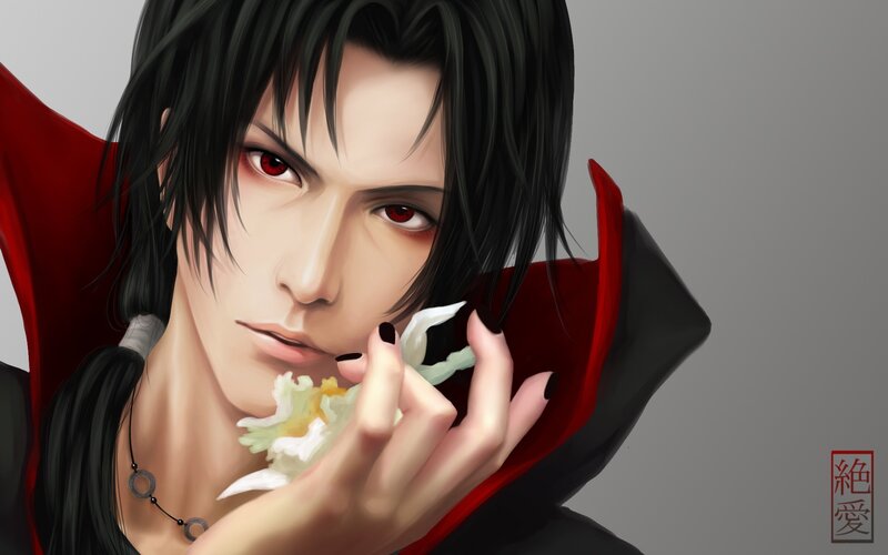 Anime Character with Red Eyes — Black, Dramatic, Digital Art, Flower