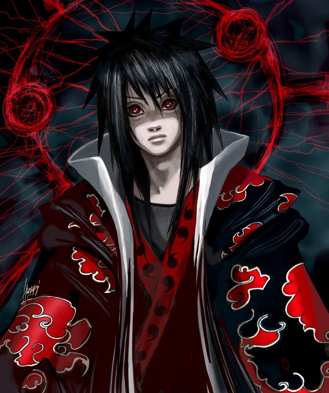 Anime Character with Red Eyes — Black, Dramatic, Digital Art, Red Chakra