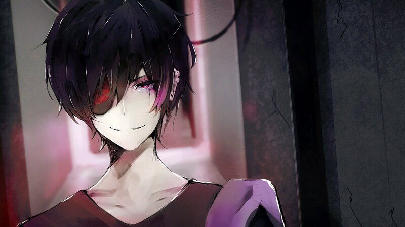 Anime Character with Red Eyes — Black, Dramatic, Digital Art, Red Eye