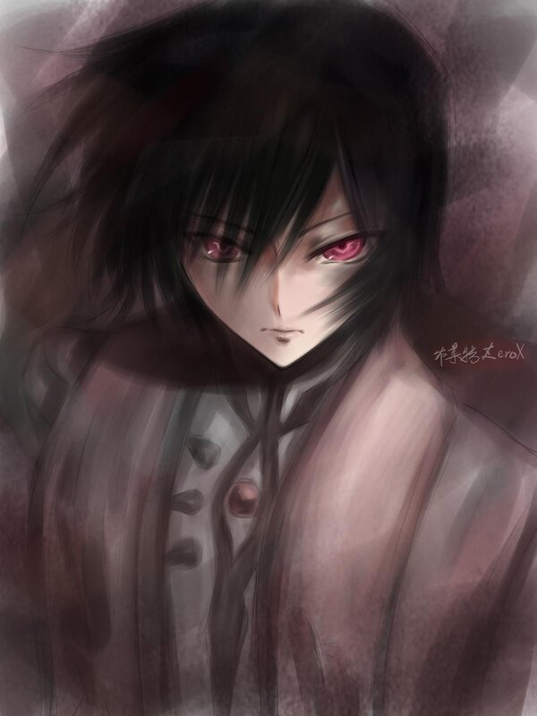 Anime Character with Red Eyes — Black, Dramatic, Digital Art, Red Eyes, Dark Hair, Coat, Pink