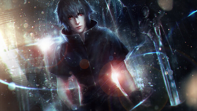 Anime Character with Red Eyes — Black, Dramatic, Digital Art, Red Eyes, Dark Jacket, Light Effects