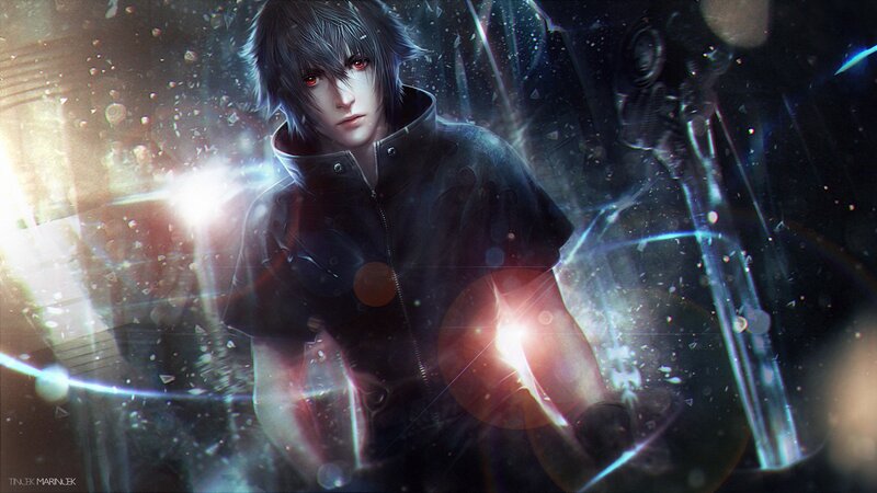 Anime Character with Red Eyes — Black, Dramatic, Digital Art, Red Eyes, Dark Jacket