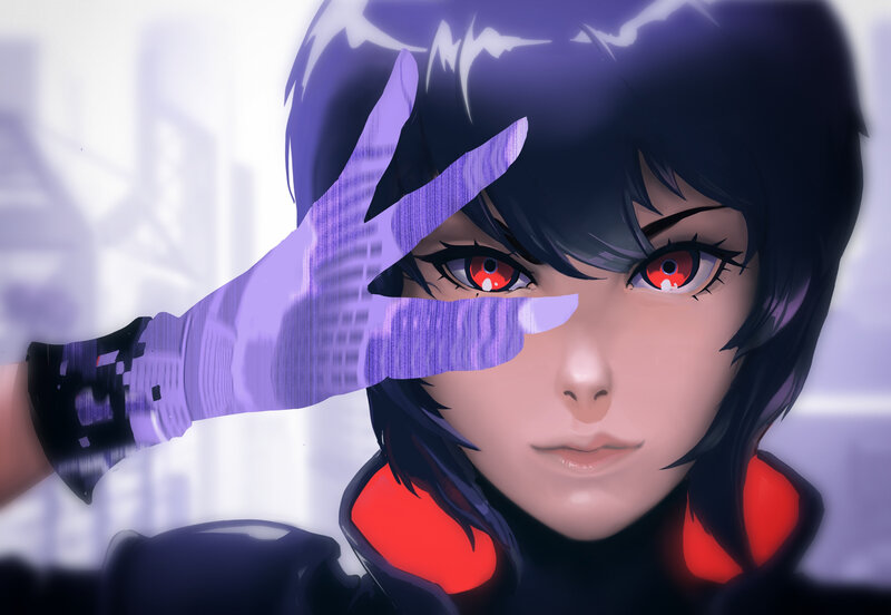 Anime Character with Red Eyes — Black, Dramatic, Digital Art, Red Eyes, Purple Glove