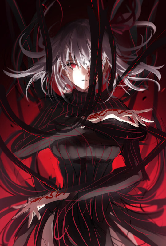 Anime Character with Red Eyes — Black, Dramatic, Digital Art, Red Eyes, White Hair
