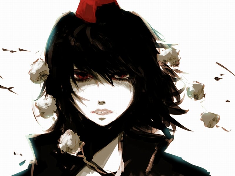Anime Character with Red Eyes — Black, Dramatic, Digital Art, Red Hat