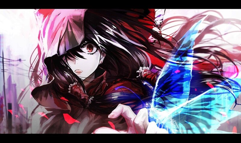 Anime Character with Red Eyes — Black, Dramatic, Digital Art, Red Petals
