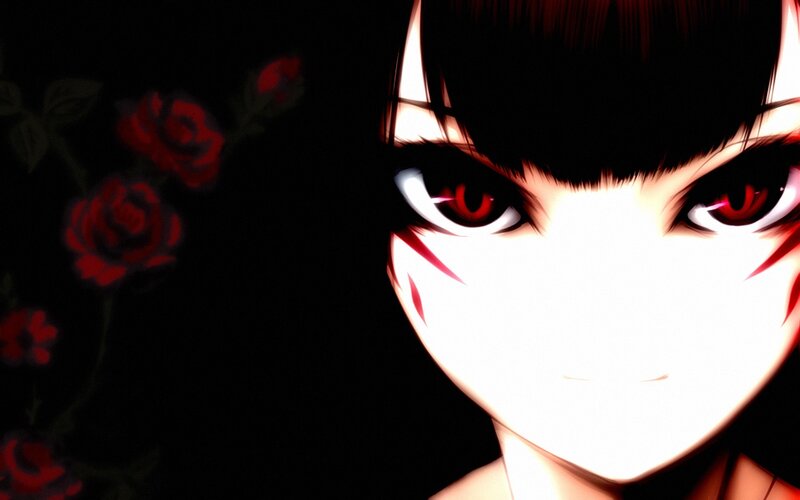 Anime Character with Red Eyes — Black, Dramatic, Digital Art, Red Roses, Dark Background