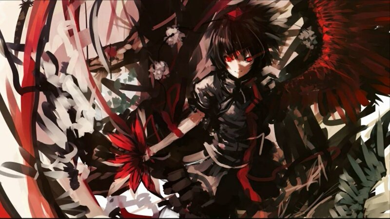 Anime Character with Red Eyes — Black, Dramatic, Digital Art, Red Wings