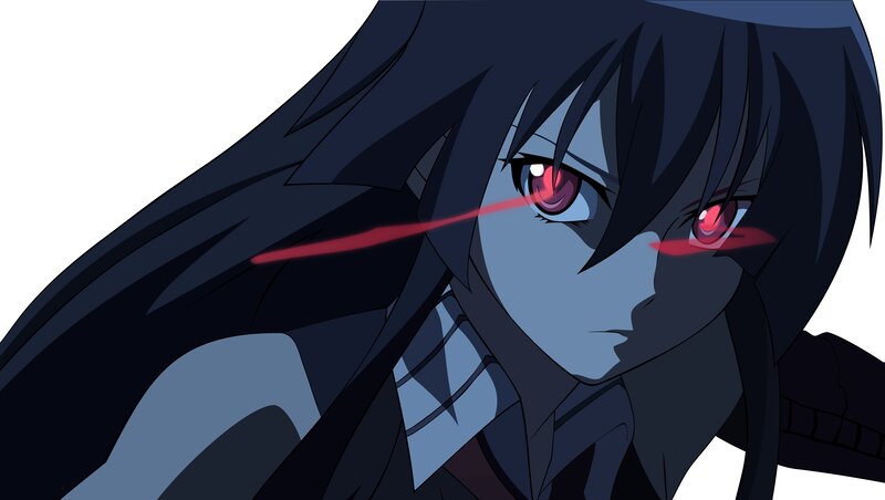 Anime Character with Red Eyes — Black, Dramatic, Long Black Hair, Red Laser Beams
