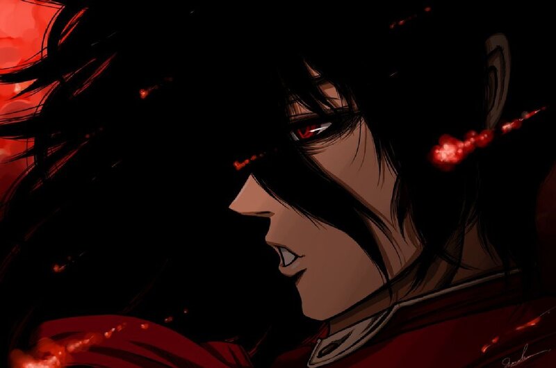 Anime Character with Red Eyes — Black, Dramatic, Manga, Blood Splatter