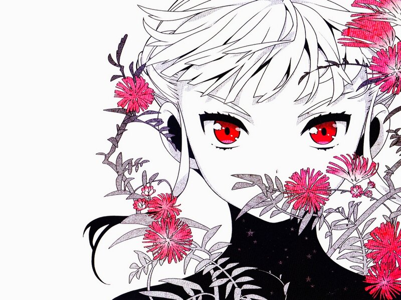 Anime Character with Red Eyes — Black, Dramatic, Manga, Flowers