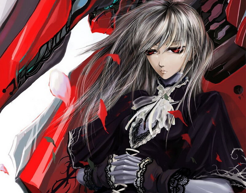 Anime Character with Red Eyes — Black, Dramatic, Manga, Red Mechanical Parts