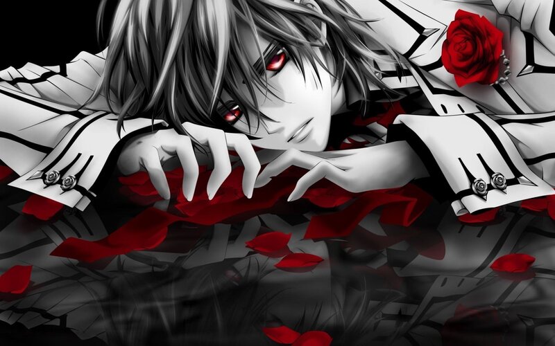 Anime Character with Red Eyes — Black, Dramatic, Manga, Red Rose, Petals, White Coat, White
