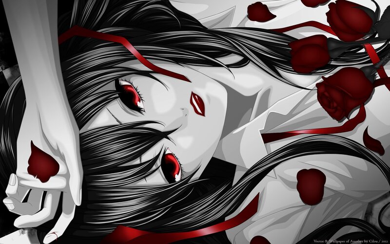 Anime Character with Red Eyes — Black, Dramatic, Manga, Red Roses