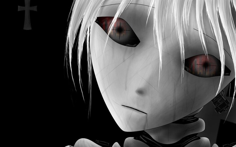 Anime Character with Red Eyes — Black, Dramatic, Manga, White Hair, Cross Symbol