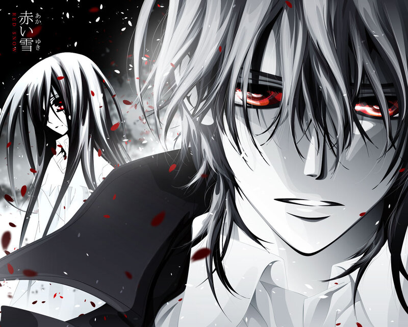 Anime Character with Red Eyes — Black, Dramatic, Manga, White Hair, Red Petals