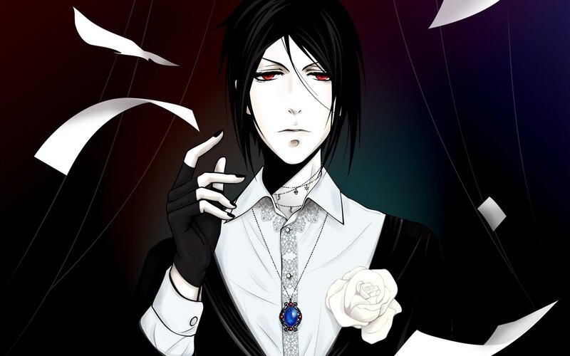 Anime Character with Red Eyes — Black, Dramatic, Manga, White Rose