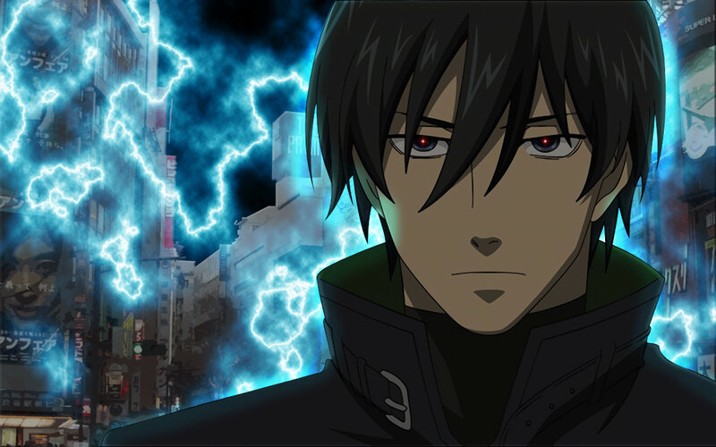 Anime Character with Red Eyes — Black, Dramatic, Night, Cityscape, Lightning