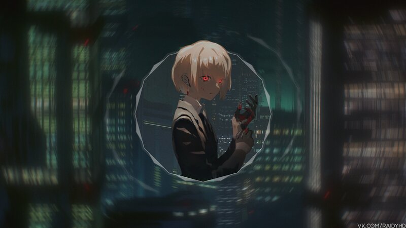 Anime Character with Red Eyes — Black, Dramatic, Night, Cityscape