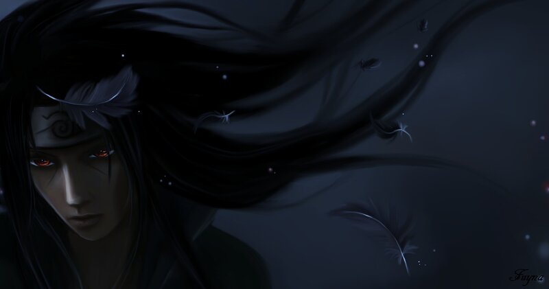 Anime Character with Red Eyes — Black, Dramatic, Night, Digital Art, Feathers