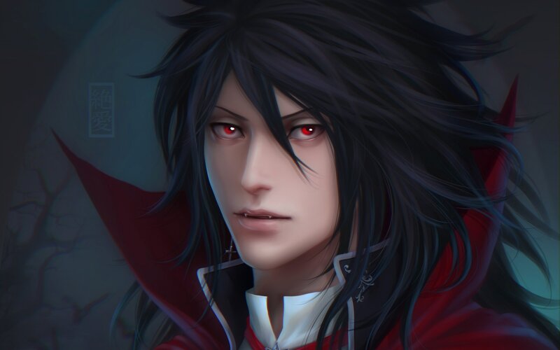 Anime Character with Red Eyes — Black, Dramatic, Night, Digital Art, Red Cloak, Long Hair
