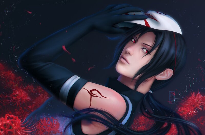 Anime Character with Red Eyes — Black, Dramatic, Night, Digital Art, Red Flowers, Tattoo