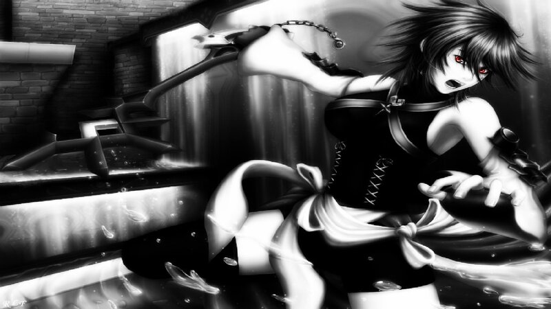 Anime Character with Red Eyes — Black, Dramatic, Night, Digital Art, Sword, Chain