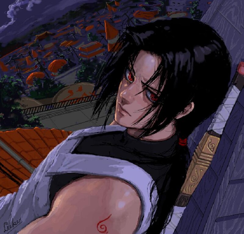 Anime Character with Red Eyes — Black, Dramatic, Night, Digital Art, Sword