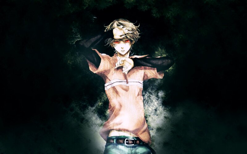 Anime Character with Red Eyes — Black, Dramatic, Night, Manga, Red Eyes, Torn Shirt