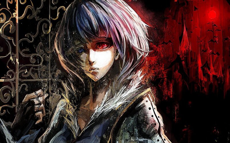 Anime Character with Red Eyes — Black, Dramatic, Night, Manga, Red Moon