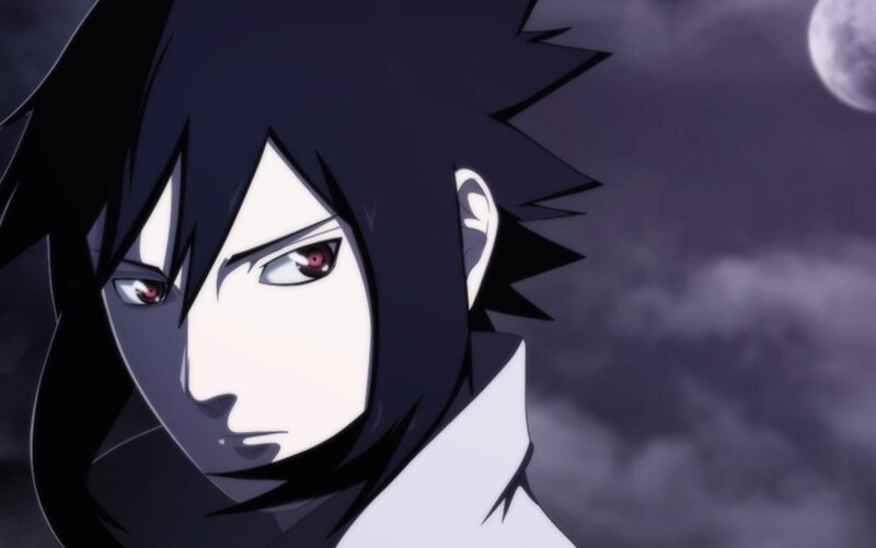 Anime Character with Red Eyes — Black, Dramatic, Night, Moon, Clouds
