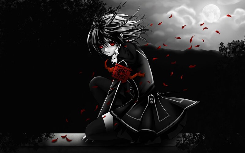 Anime Character with Red Eyes — Black, Dramatic, Night, Moon, Petals, Sword