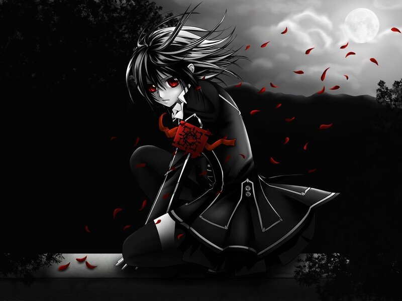 Anime Character with Red Eyes — Black, Dramatic, Night, Moon, Petals