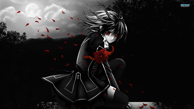 Anime Character with Red Eyes — Black, Dramatic, Night, Moon, Petals, Trees