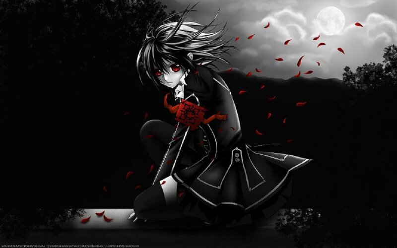 Anime Character with Red Eyes — Black, Dramatic, Night, Moon