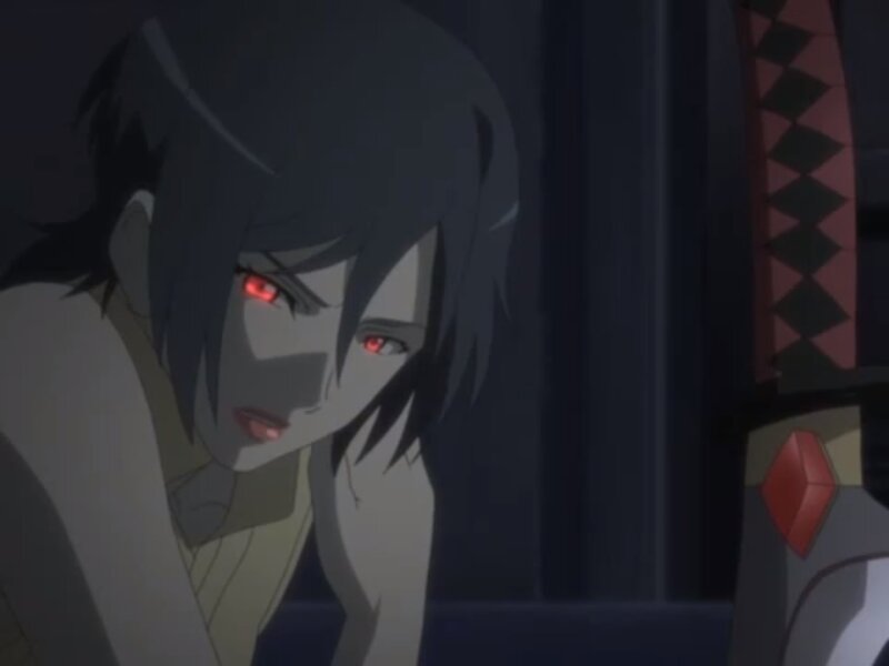 Anime Character with Red Eyes — Black, Dramatic, Night, Sword, Dark Room