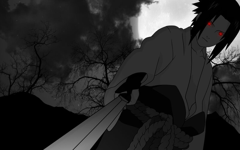Anime Character with Red Eyes — Black, Dramatic, Night, Sword, Moon