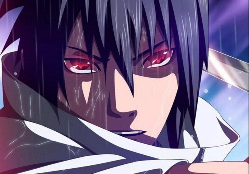 Anime Character with Red Eyes — Black, Dramatic, Rain