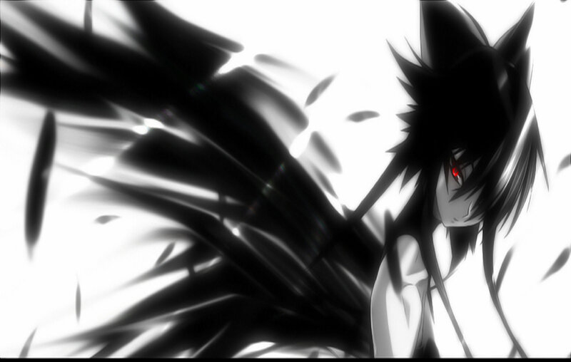 Anime Character with Red Eyes — Black, Dramatic, Red Eyes, Black Hair, Dark Wings