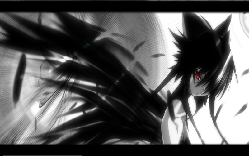 Anime Character with Red Eyes — Black, Dramatic, Red Eyes, Black Hair, Wings, White