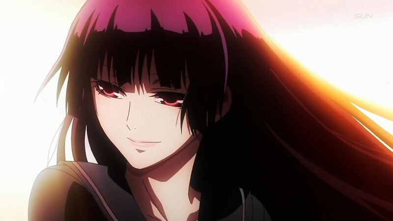 Anime Character with Red Eyes — Black, Dramatic, Sunset