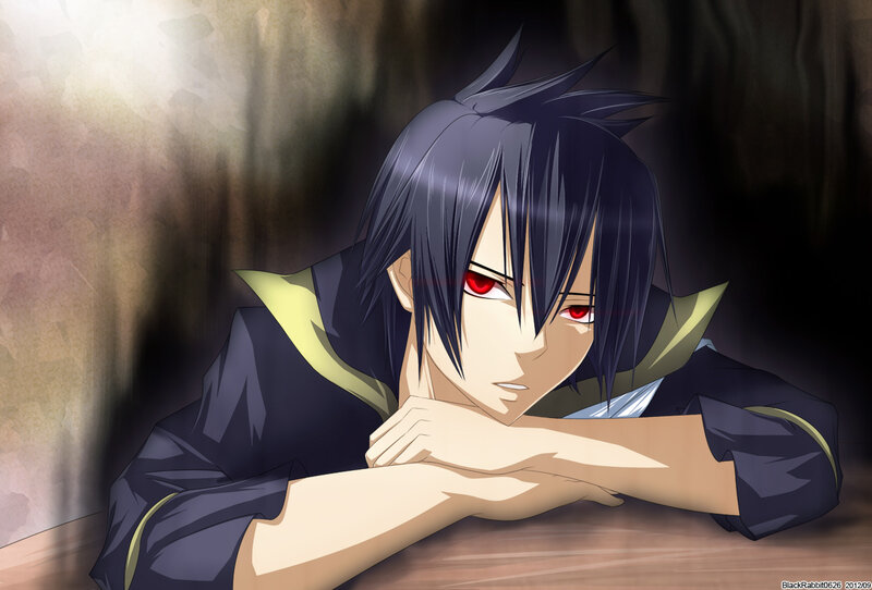 Anime Character with Red Eyes — Black, Dramatic, Table