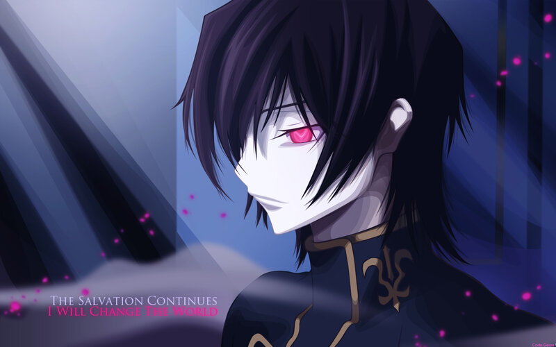 Anime Character with Red Eyes — Blue, Dramatic, Night, Text