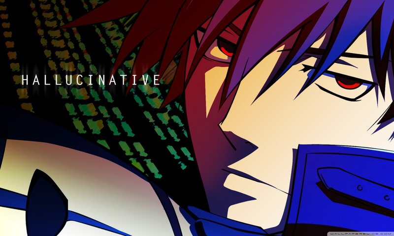 Anime Character with Red Eyes — Blue, Dramatic, Red Eyes, Purple Hair