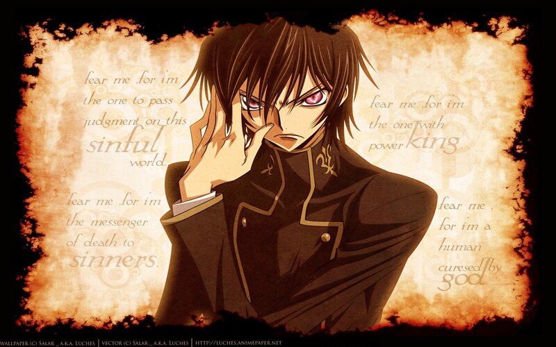 Anime Character with Red Eyes — Brown, Dramatic, Text