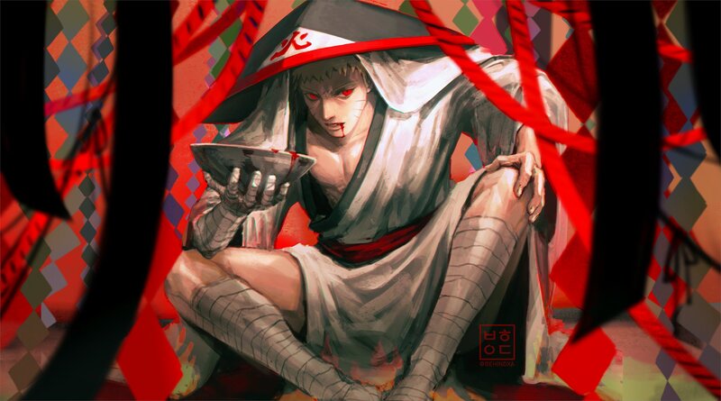 Anime Character with Red Eyes — Dramatic, Digital Art, Red Ribbons
