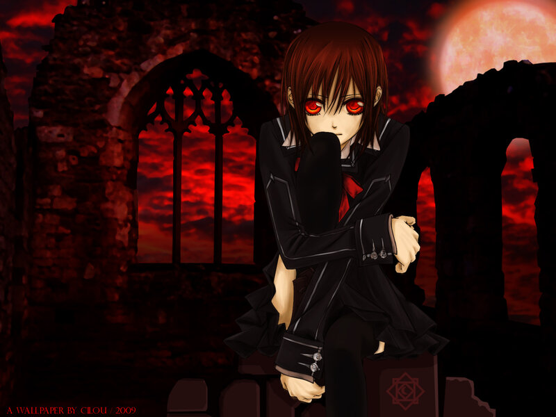 Anime Character with Red Eyes — Dramatic, Night, Ruins